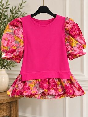 New ENTRO Pink Floral Puff-Sleeve Top